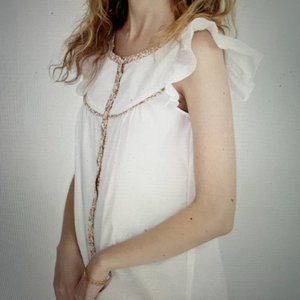 Madewell Floral Trim White Cotton Button Front Flutter Sleeve Top Size Medium